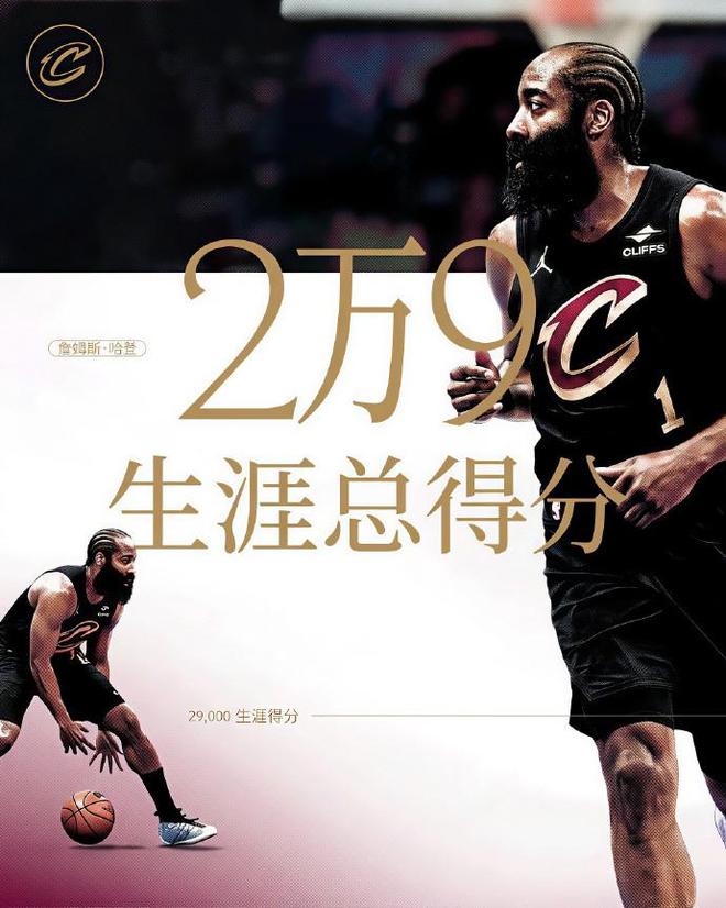 哈登骑士生涯总得分突破29000分 创历史三分纪录